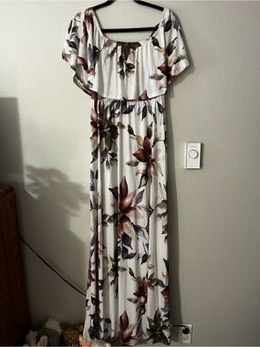 Hello MIZ maternity White Maxi Dress with Mauve and Taupe Floral Print